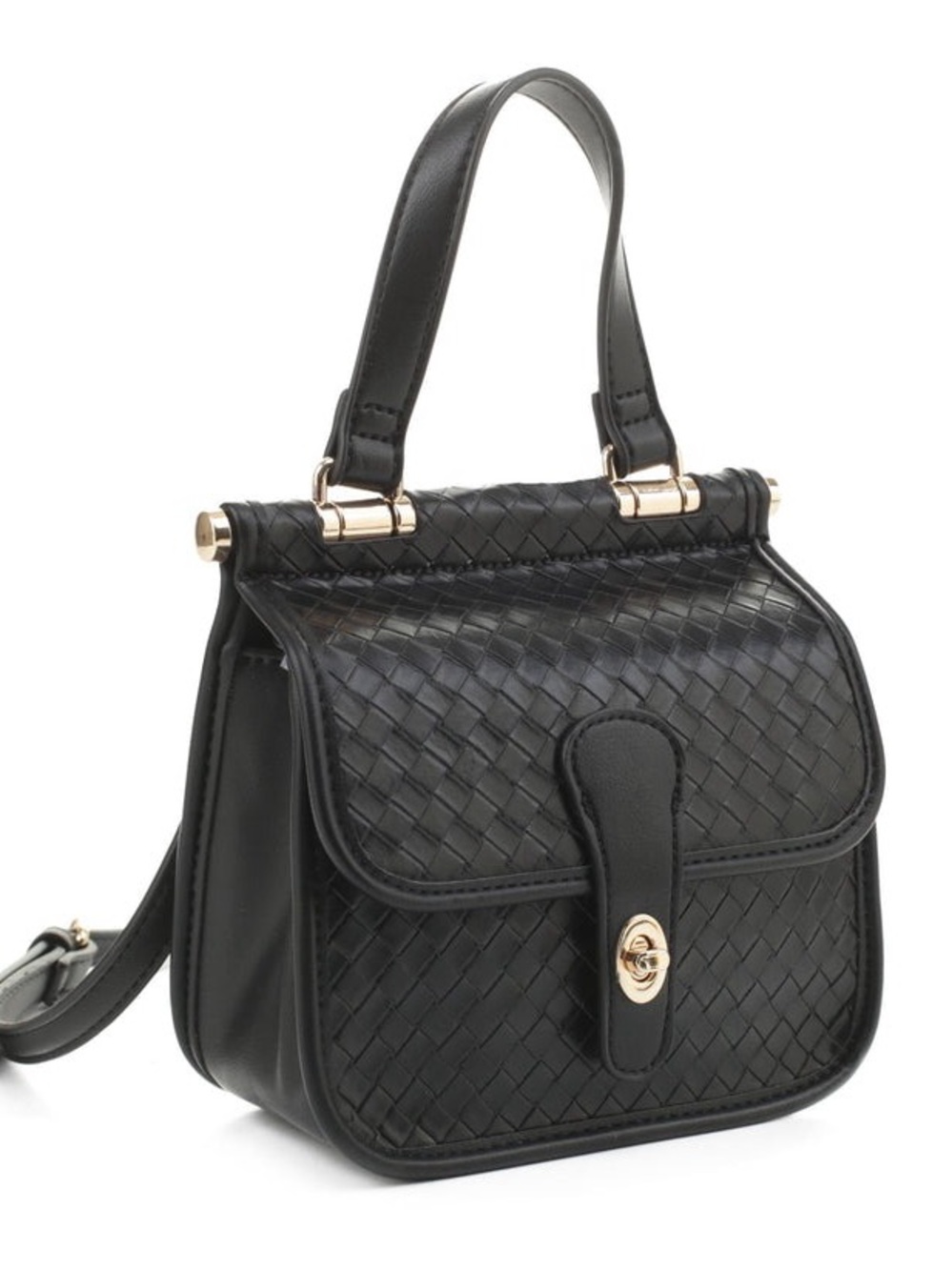Black Woven Satchel with Gold-Tone Hardware